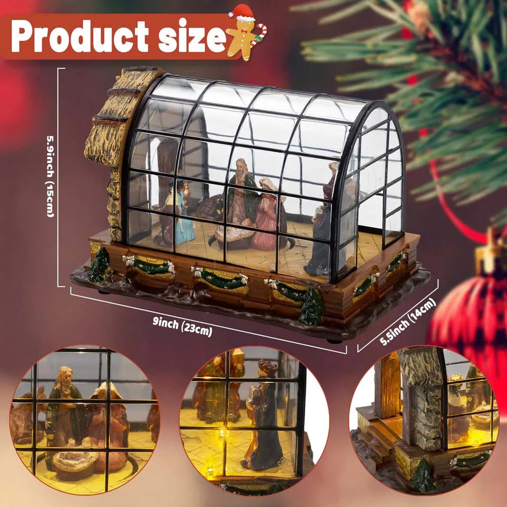 Animated Christmas Nativity Figurines Scene LED Lights Village Greenhouse Resin Manger for Indoor Home Fireplace Holiday Decor