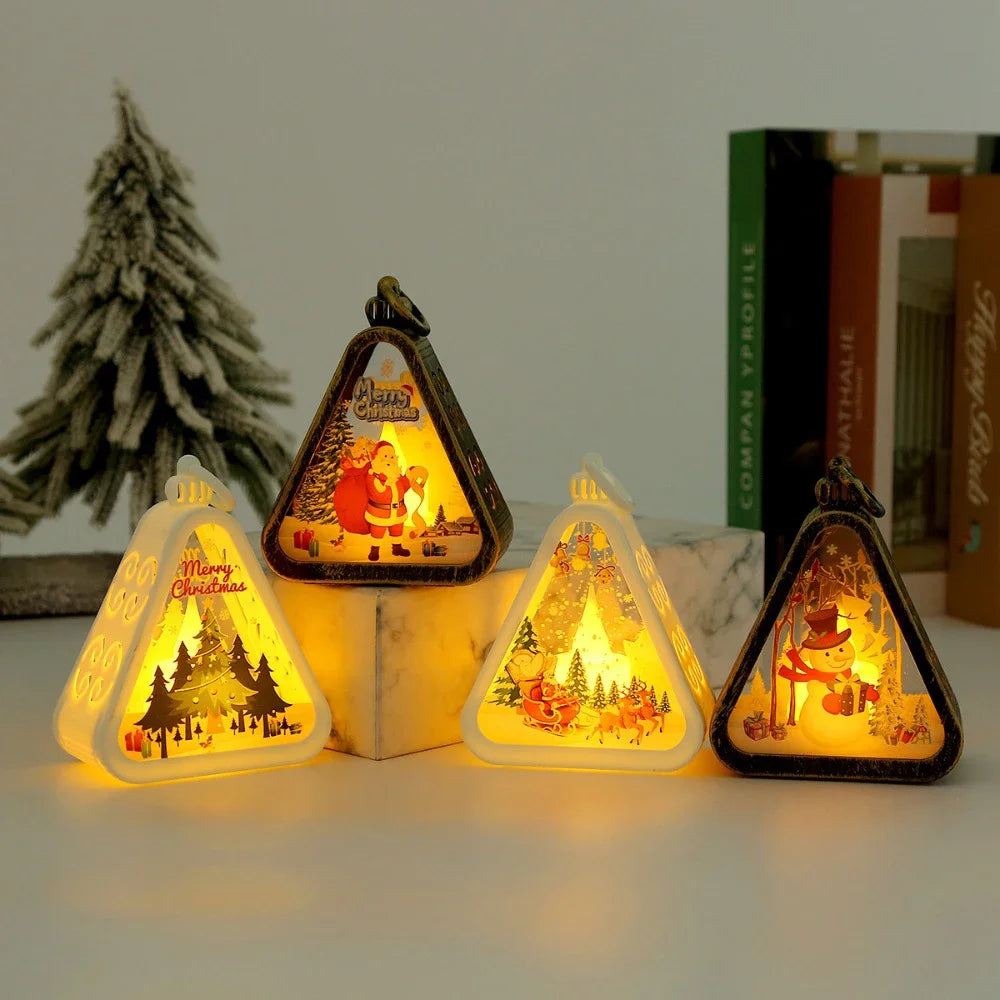 Christmas LED Triangle Lantern Santa Claus Snowman Festival Lamp Indoor Table Ornaments Party Scene Props Home Decorations Gifts