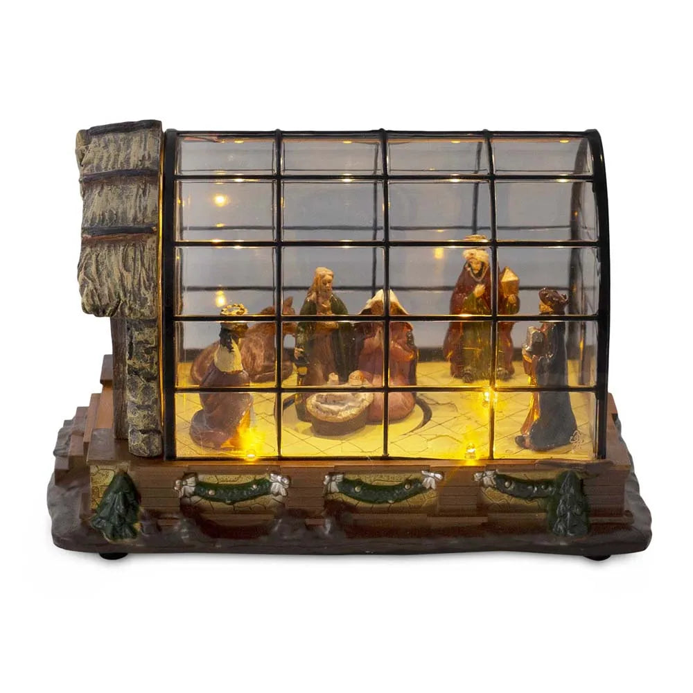 Animated Christmas Nativity Figurines Scene LED Lights Village Greenhouse Resin Manger for Indoor Home Fireplace Holiday Decor
