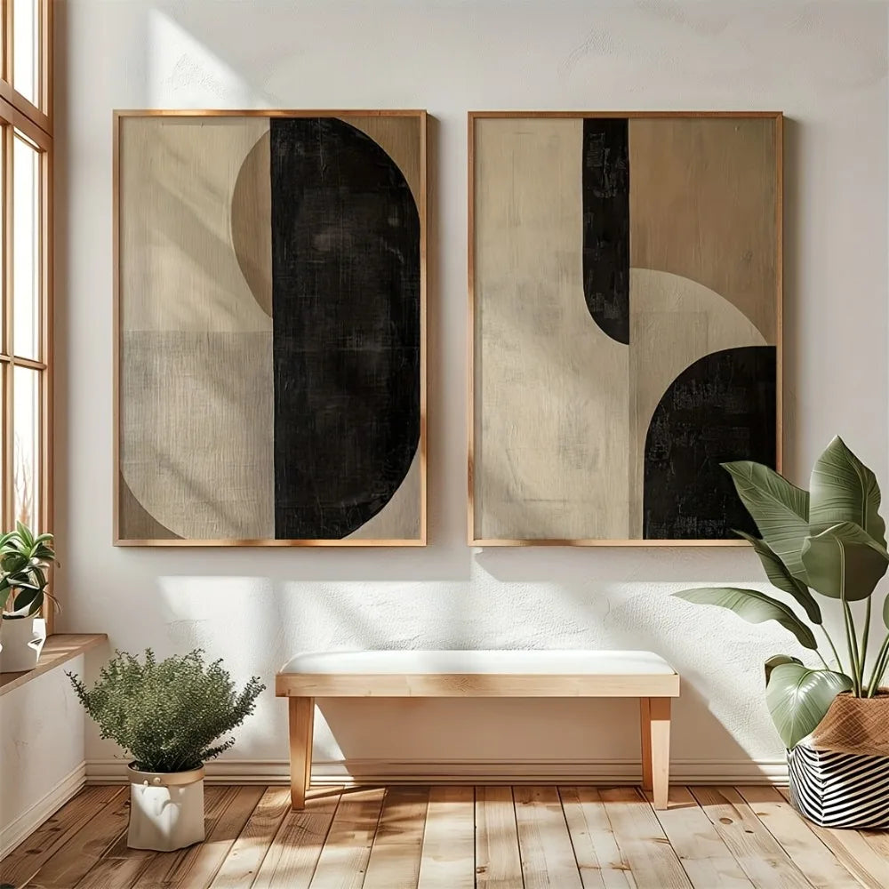 2 Frameless Retro Geometric Abstract Japanese Wall Art Posters Canvas Printing Black Beige Simple Living Room Modern Home Decor