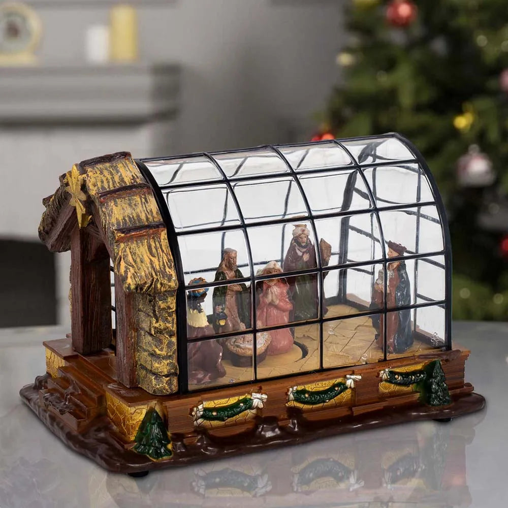 Animated Christmas Nativity Figurines Scene LED Lights Village Greenhouse Resin Manger for Indoor Home Fireplace Holiday Decor