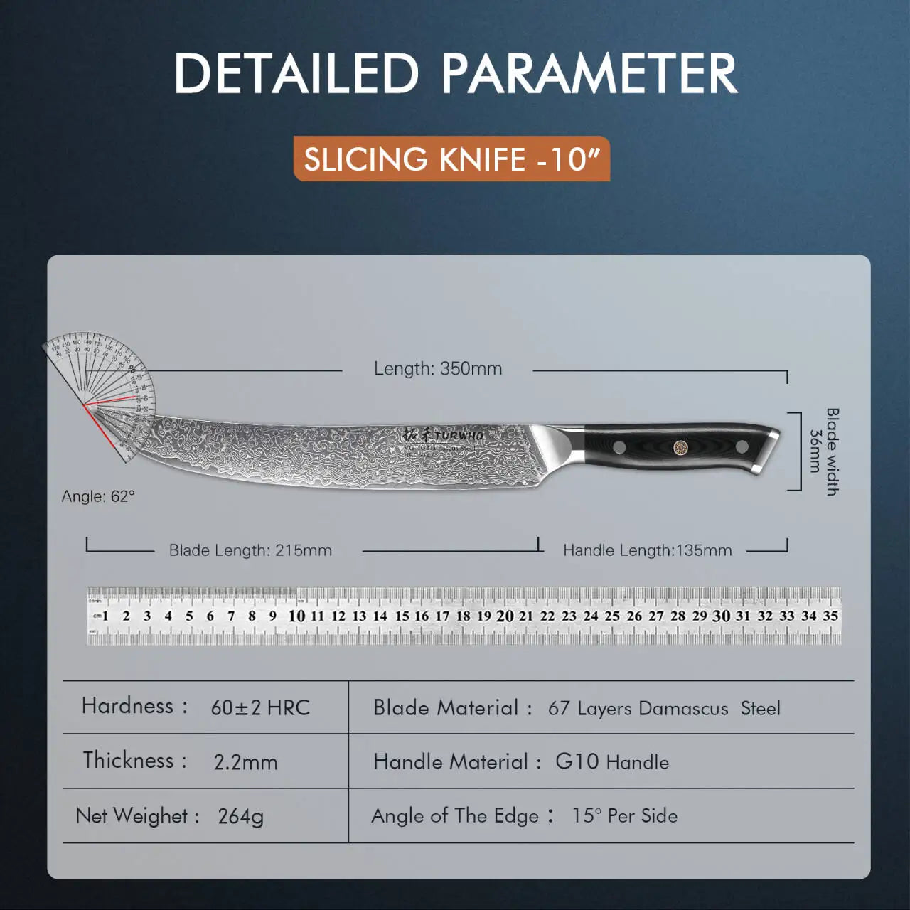 TURWHO Japanese Carving Knife Real 67 Layer Damascus Steel Cook Tools Sharp VG10 Core Kitchen Ham Cleaver Butcher Slicing Knives