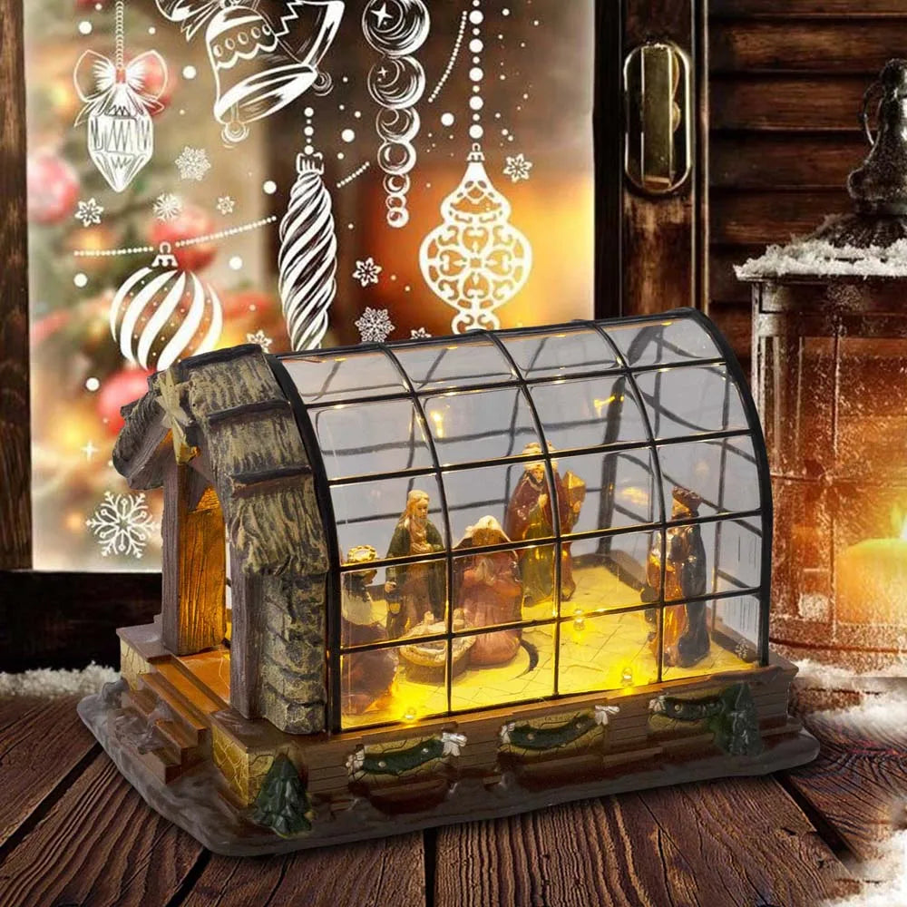Animated Christmas Nativity Figurines Scene LED Lights Village Greenhouse Resin Manger for Indoor Home Fireplace Holiday Decor