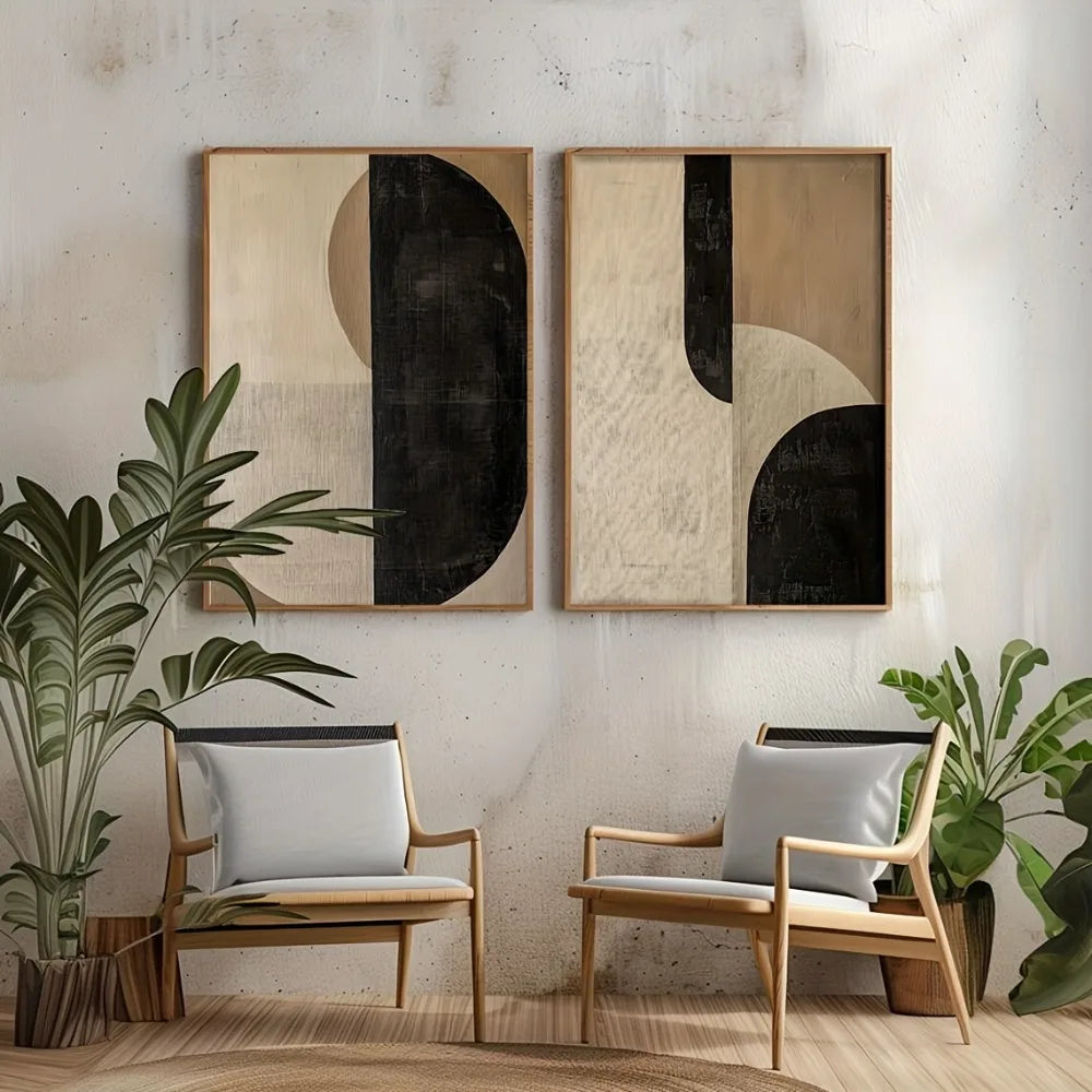 2 Frameless Retro Geometric Abstract Japanese Wall Art Posters Canvas Printing Black Beige Simple Living Room Modern Home Decor