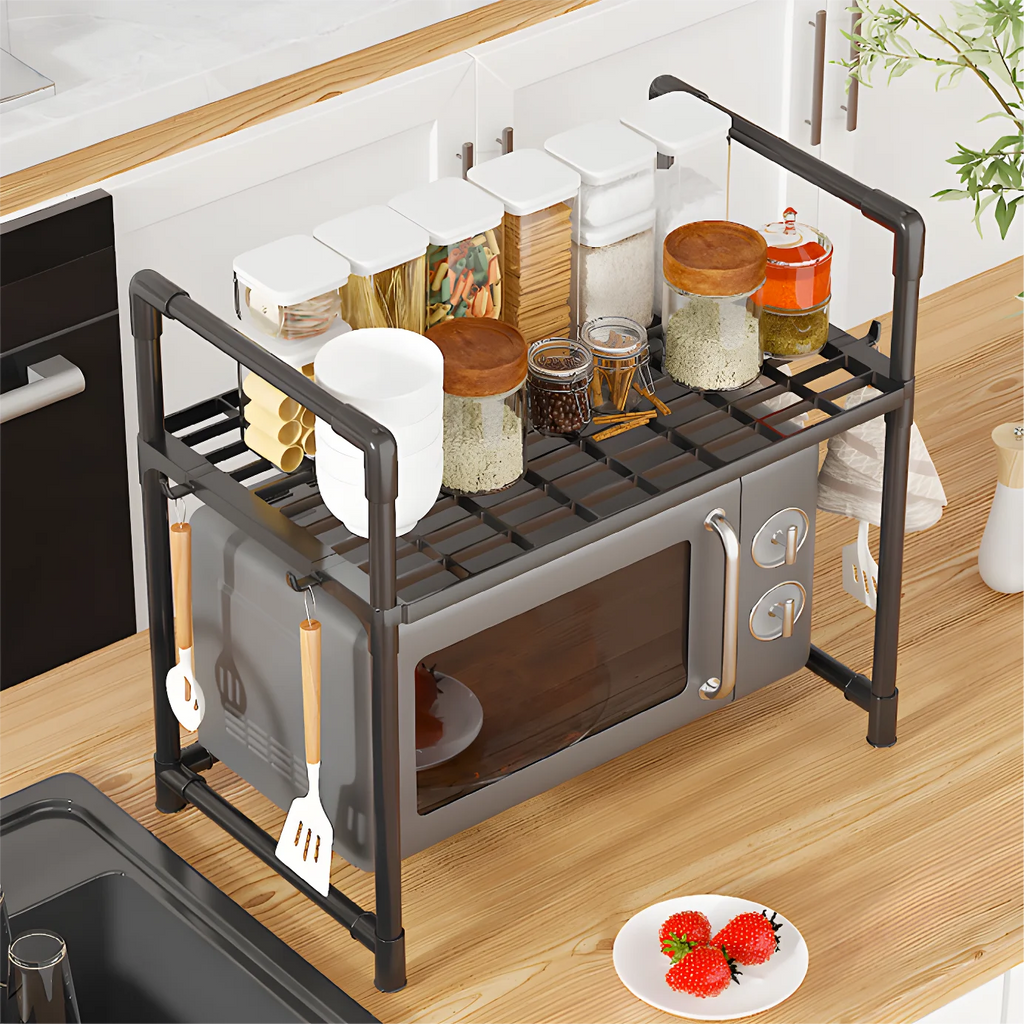 1pc Microwave Oven Storage Rack, Space-saving Countertop Kitchen Utensils Tableware Organizer, Kitchen Accessories Plastic Shelf