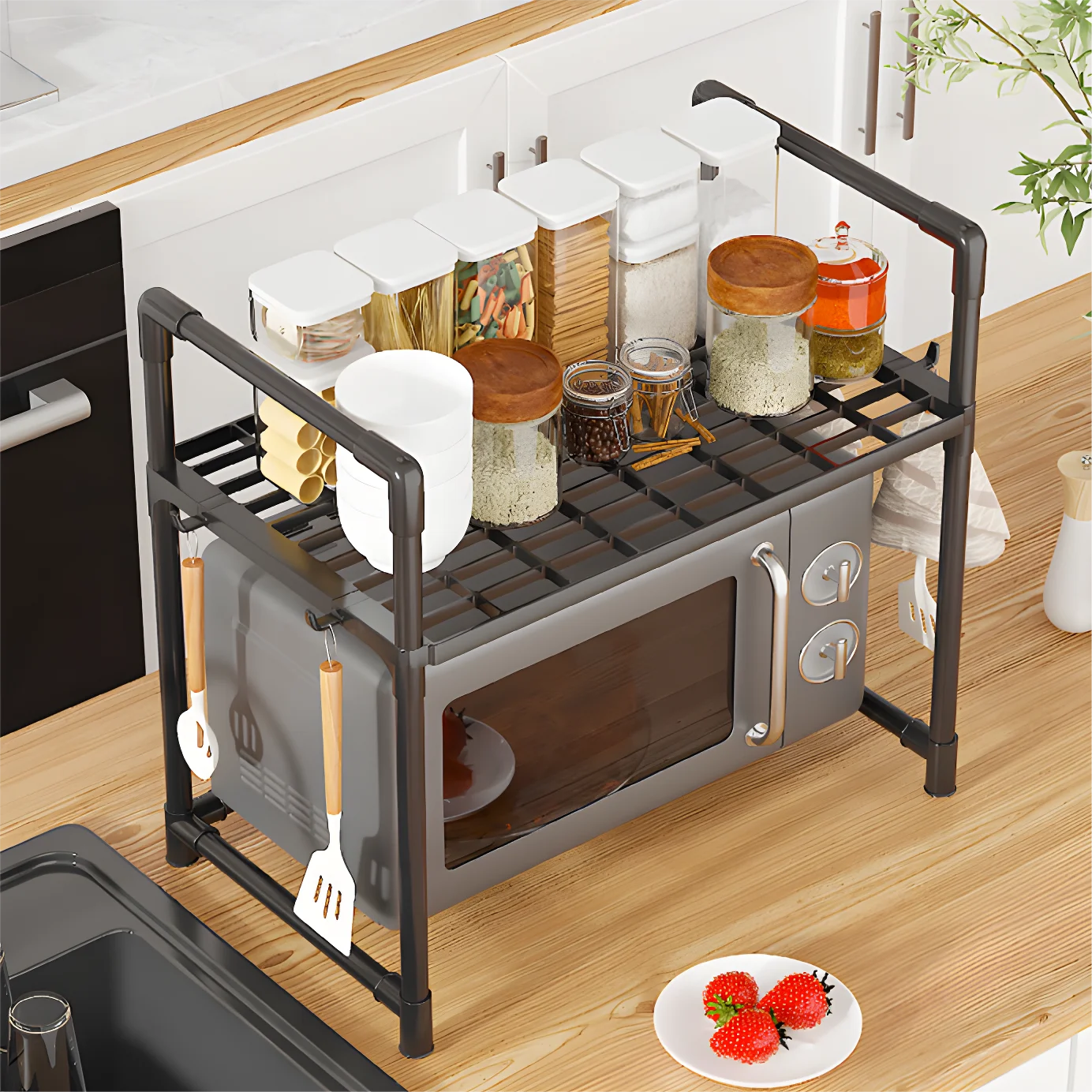 1pc Microwave Oven Storage Rack, Space-saving Countertop Kitchen Utensils Tableware Organizer, Kitchen Accessories Plastic Shelf