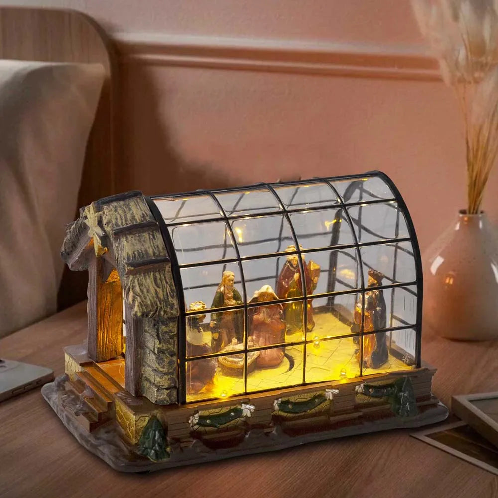 Animated Christmas Nativity Figurines Scene LED Lights Village Greenhouse Resin Manger for Indoor Home Fireplace Holiday Decor