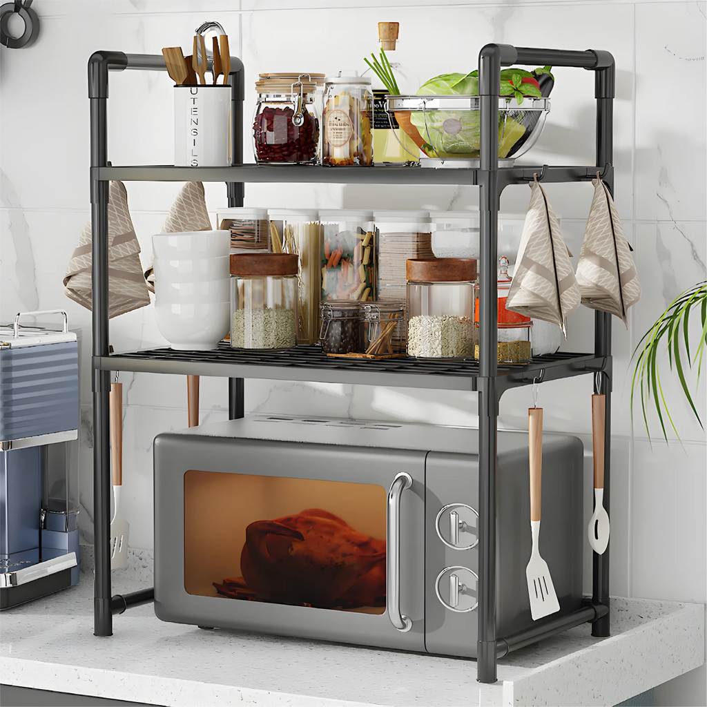 1pc Microwave Oven Storage Rack, Space-saving Countertop Kitchen Utensils Tableware Organizer, Kitchen Accessories Plastic Shelf