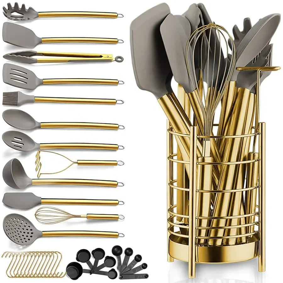 35-piece silicone household stirring spatula hoe, soup spoon with storage bucket non-stick pan kitchen accessories cooking tools